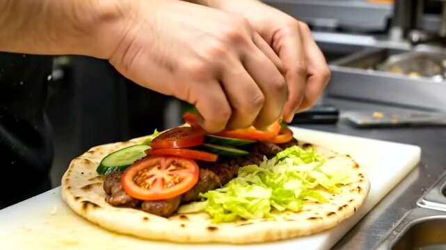 Ai generated chef preparing a delicious kebab wrap with fresh ingredients, layering meat, tomatoes, and cucumber onto a soft pita bread in a professional kitchen setting 4k video