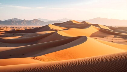 Sand Dunes Landscape with Mountains at Sunset