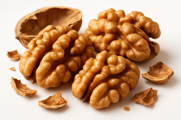 Walnut kernels surrounded by nutshell fragments on white background