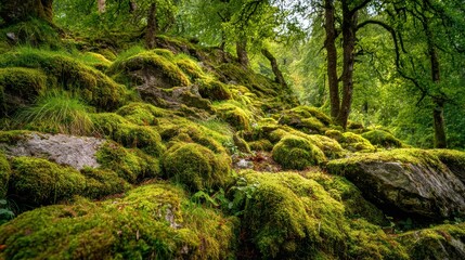 Lush green moss and ferns cover ancient rocks in a dense sun dappled forest creating a vibrant natural landscape