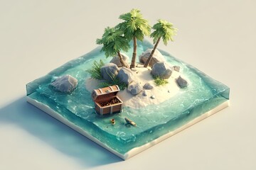 Miniature island with treasure chest, tropical palms, and rocks in a square block of water