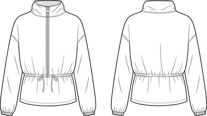 Cad drawing flat vector illustration, windbreaker jacket front and back view, technical fashion sketch, outerwear design, fashion CAD template © kulsum creatives