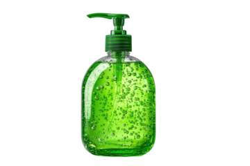 Green gel hand sanitizer in a plastic bottle with a pump dispenser