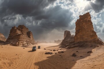 Desert Adventure Two Vehicles Navigate the Arid Landscape Under Dramatic Cloudy Skies and Sandstone Cliffs