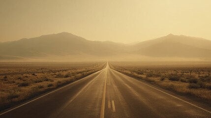 Distant mountains fade into hazy horizon beyond long desert highway at golden hour
