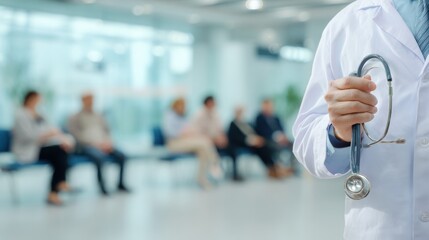 Doctor holds stethoscope in front of waiting room with seated patients awaiting medical consultations