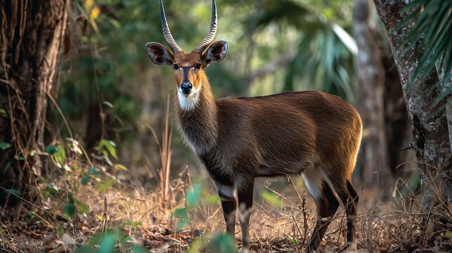 A bushbuck standing in a forest clearing looking towards the camera with its antlers visible clearly