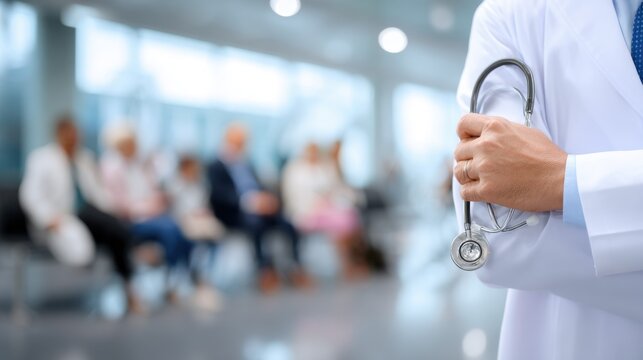 Doctor holds stethoscope in hospital waiting room full of patients awaiting their appointment