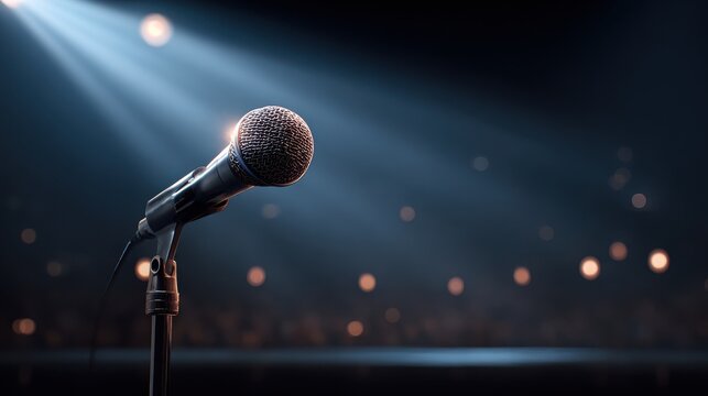Vintage microphone on a stand illuminated by a dramatic spotlight on a dimly lit stage with bokeh lights