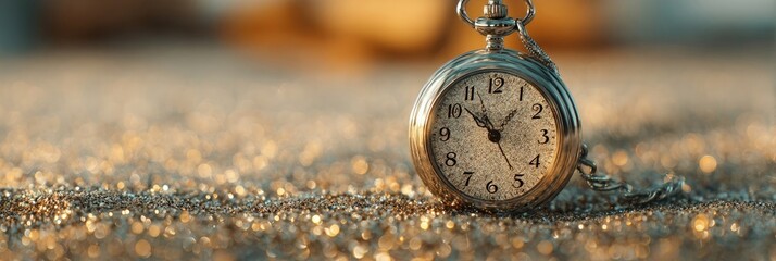 Vintage pocket watch on a bed of glittering gold