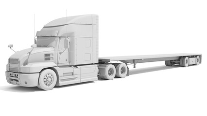 Semi Truck with Flatbed Trailer in Clay Style Render on White Background 3D Rendering