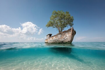 Half-sunken rusty boat with a tree on top, in clear turquoise water