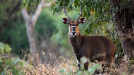 Fototapeta premium A waterbuck standing in the forest with trees and plants surrounding it in its natural habitat