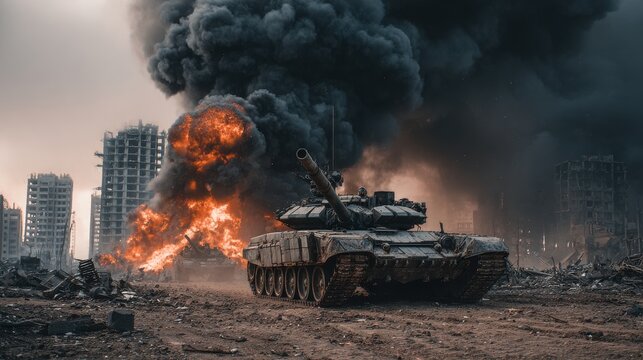 A powerful battle tank sits amidst a destroyed city with massive plumes of smoke and fire rising from the ruins - Powered by Adobe