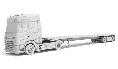 Semi Truck with Flatbed Trailer in Clay Style Render on White Background 3D Rendering