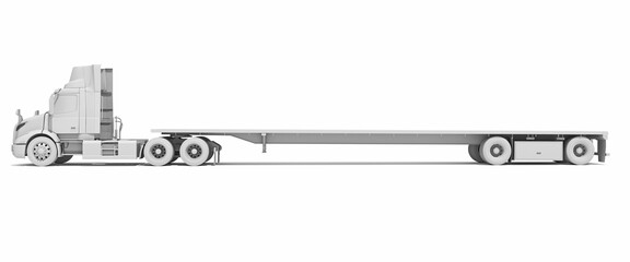 Semi Truck with Flatbed Trailer in Clay Style Render on White Background 3D Rendering