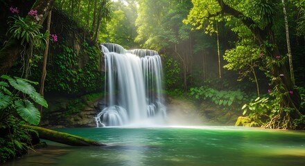 Lush tropical rainforest cascades into a serene turquoise pool with sunlight filtering through dense green foliage