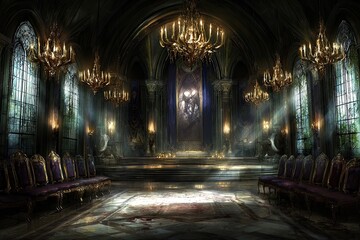 Grand gothic hall, opulent and dimly lit, with ornate furnishings and a high vaulted ceiling