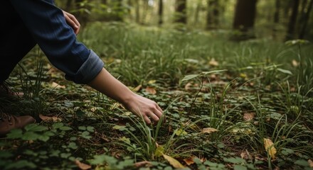 A person's hand gently touching grass and small plants on the forest floor surrounded by greenery and fallen leaves nature ground outdoors walking exploring