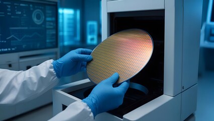 Technician Loading Silicon Wafer into Microchip Fabrication Machine in Modern Semiconductor Lab