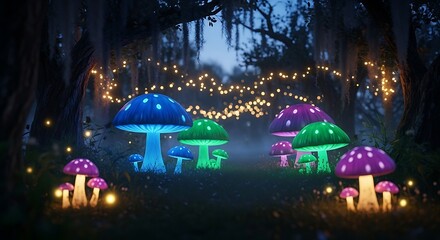 Enchanting forest path illuminated by glowing oversized mushrooms and magical fairy lights at twilight