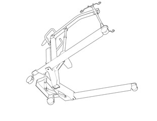A monochrome Wireframe Depiction of a medical patient lift. This Technical Drawing is a Simple Line Art Outline Illustration, showing the equipment for patient transfer and care in healthcare