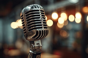 Close-up of vintage microphone.  Warm, blurred background of interior space with lights