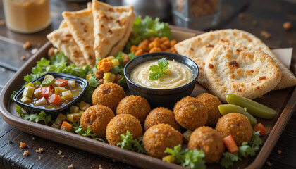 Food tray with falafel, hummus, pita bread, and pickled vegetables – Middle Eastern theme"