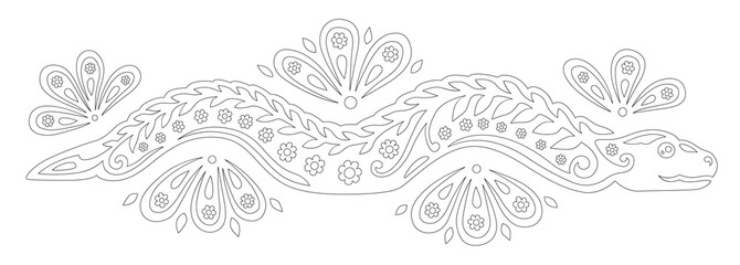 Fototapeta premium Floral coloring book art with snake silhouette