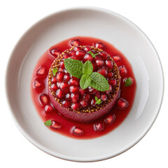 Light Pomegranate Mint Mousse Dessert Dome with Grapefruit Coulis Swirl and Fresh Pomegranate Arils on Plate