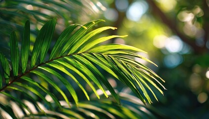 Close-up of vibrant palm frond bathed in sunlight