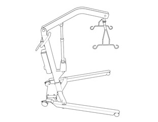 A monochrome Wireframe Depiction of a medical patient lift. This Technical Drawing is a Simple Line Art Outline Illustration, showing the equipment for patient transfer and care in healthcare