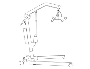 Patient Lift Wireframe Technical Drawing: Line Art Schematic for Medical Hoist and Mobility Aid Design. Crucial for Healthcare, Home Care, Assisted Living, ensuring safe Patient Transfer and