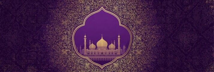Golden mosque stands gracefully amidst a purple backdrop, beautifully framed with intricate gold pattern designs