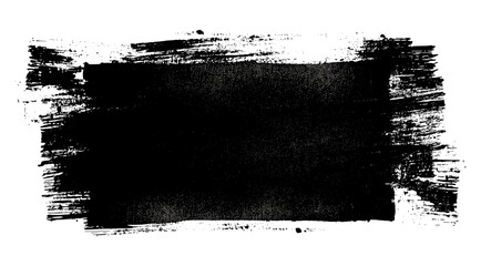 Distressed black grunge rectangle banner with paint roller texture, worn ink marks on transparent background, featuring gritty handmade smears, stains, and rough overlay streaks