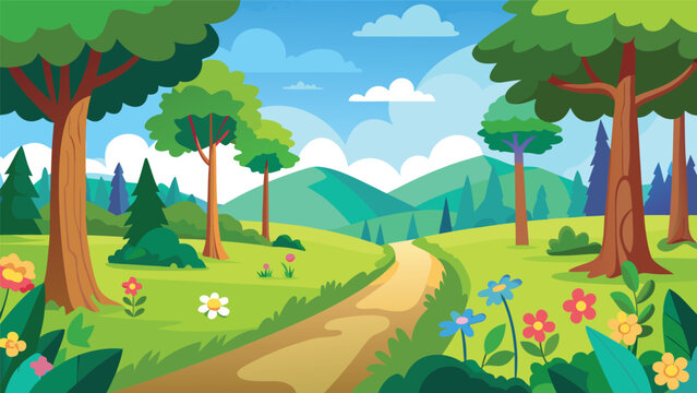 Vibrant forest path with rolling hills and wildflowers