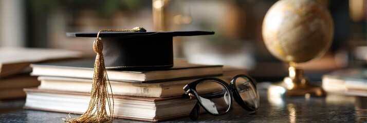 Graduation Cap on Stack of Books with Eyeglasses and Globe Still Life