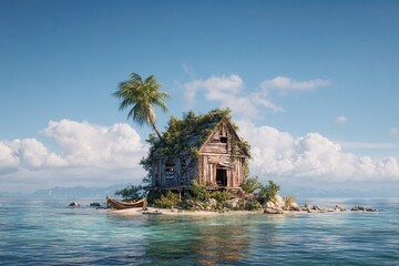 Abandoned wooden hut on a small island