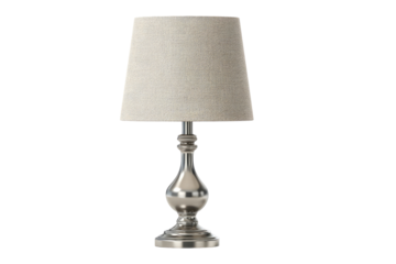 A simple, muted-toned table lamp features a light beige linen shade and a brushed nickel base with a classic, tapered shape