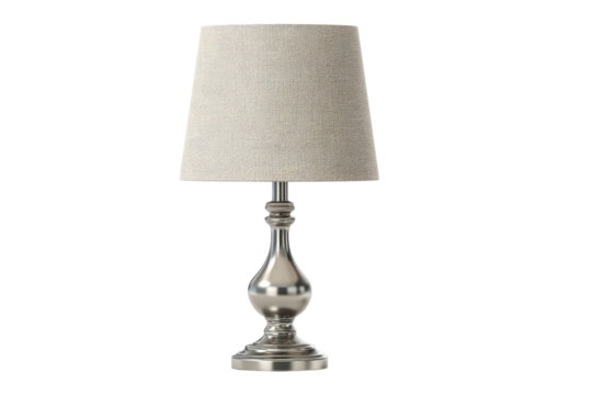 A simple, muted-toned table lamp features a light beige linen shade and a brushed nickel base with a classic, tapered shape