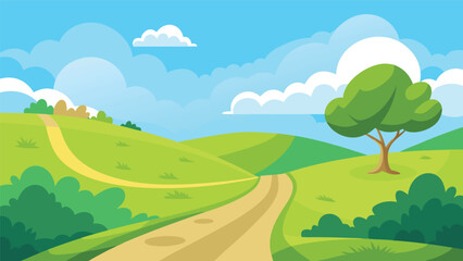 Obraz premium Vibrant countryside path with rolling hills and lush trees