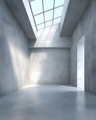 vertical empty loft space with minimal textures, clean architectural elements, soft natural light through skylight, concrete walls, 3d render