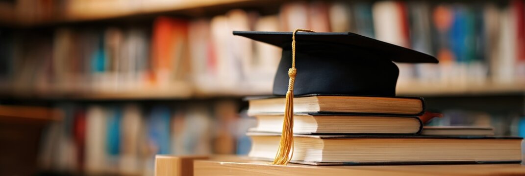 Graduation Cap Topped on Stack of Books in Library Education Symbolism Academic Achievement