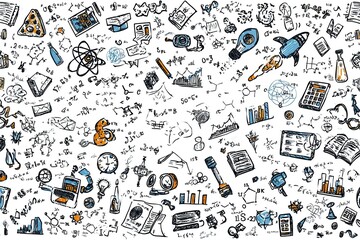 Hand Drawn Science and Math Doodles Pattern Background With Equations, Charts, and Object Illustrations