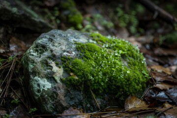 Obraz premium Mossy rock in the forest with green moss and water drops on the surface