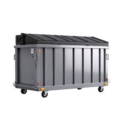 Gray metal dumpster with lid on wheels