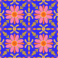 Seamless retro floral tile pattern with bold pink, orange, and gold elements on a deep blue background. Ideal for textiles, wallpapers, and digital backgrounds.