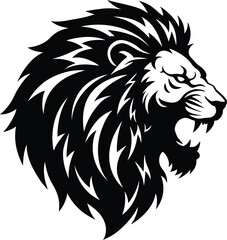 Aggressive Roaring Lion Head Side View, Black And White Vector Illustration, Powerful And Majestic Predator, Perfect For A Logo, T-shirt Design, Or Sports Team Mascot.