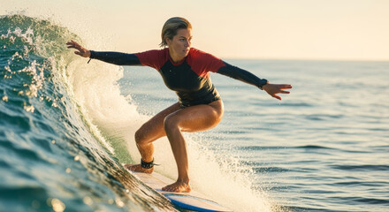 A focused young woman in a wetsuit is expertly riding a powerful wave at sunset. She is balanced and confident, with a dramatic splash of water behind her and the sun setting on the horizon.