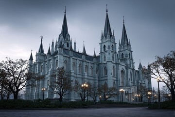 Fototapeta premium Majestic cathedral at twilight. Gray stone structure with intricate Gothic architecture and tall spires, situated amidst dark, leafless trees, bathed in a muted, ethereal light